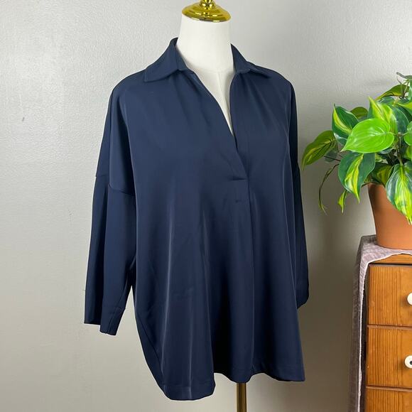 Melloday Navy Blue Cotton Blend V Neck Tunic Top Oversized XS - Picture 1 of 7